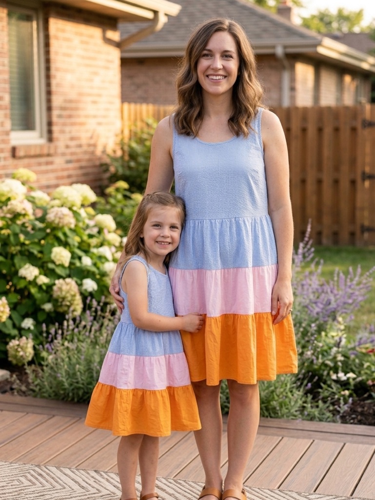 Thml Anthropologie Tiered Colorblock Seersucker Dress Blue Pink Orange Sz Medium